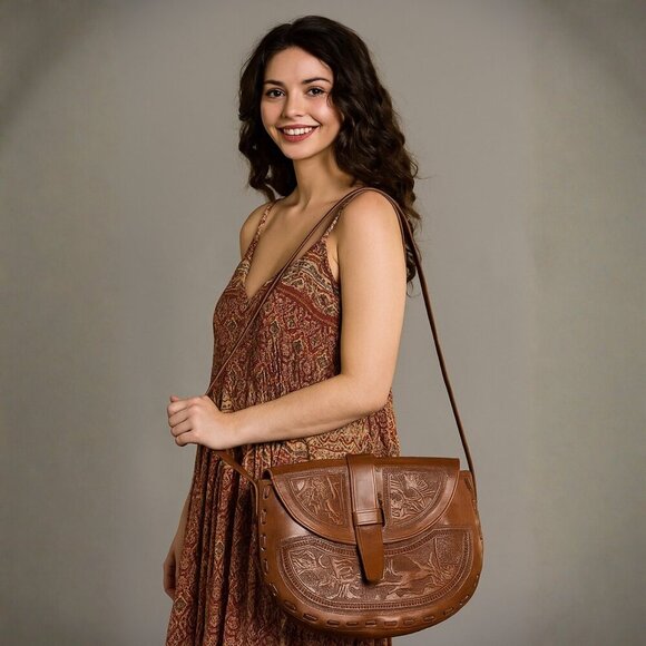 Handmade Handbags - Handmade Peruvian Tooled Leather Shoulder Bag Mayan Design, Large Brown Unlined